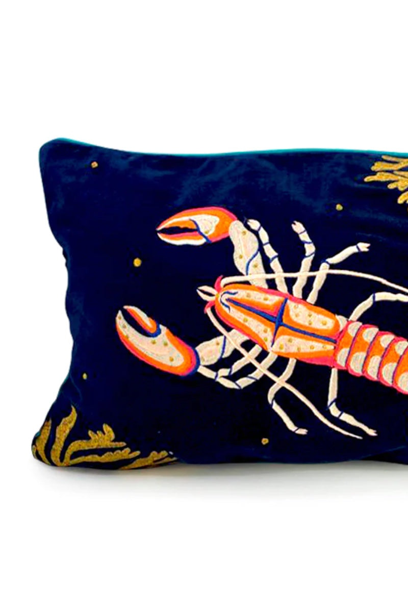 navy velvet cushion with lobster