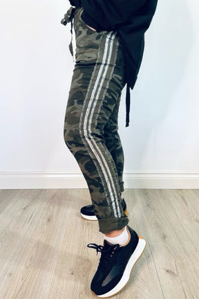 Khaki Super Stretch Camo Trousers With Glitter Side Tape