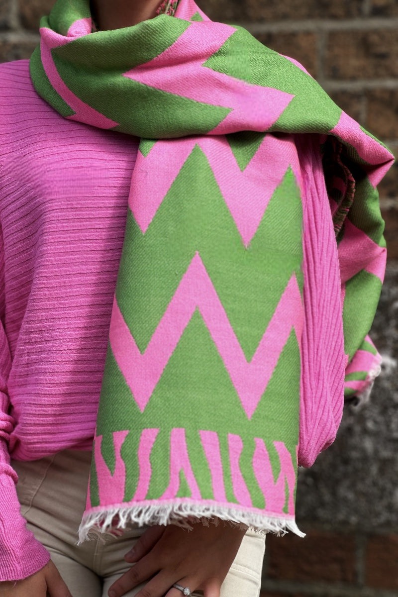 Ombre London Luxury Pink & Green ZigZag Scarf