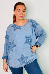 blue double star flocked sweattop