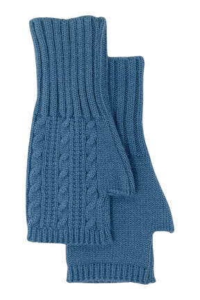 blue cable knit fingerless gloves