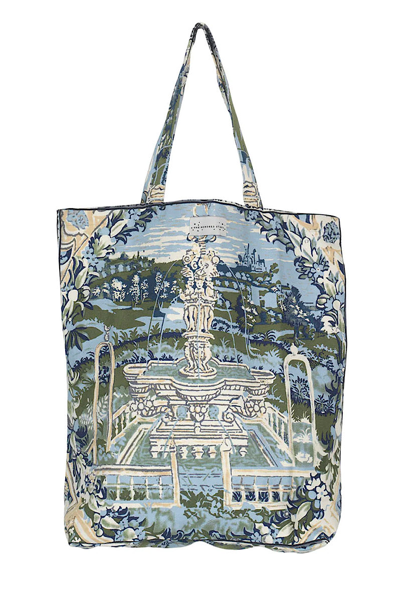 blue tapestry print canvas bag
