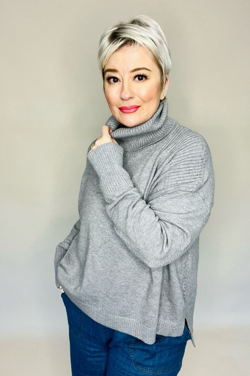 Relaxed Grey Roll Neck Jumper