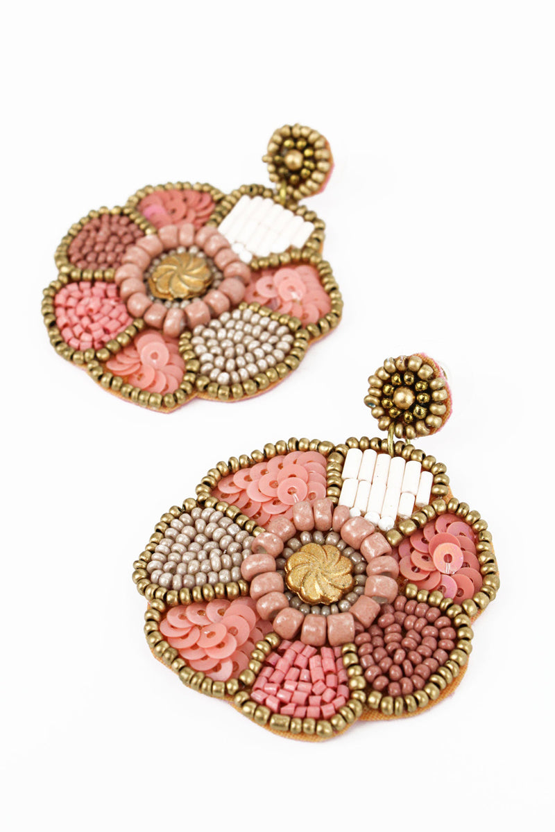 my doris pink flower beaded earrings