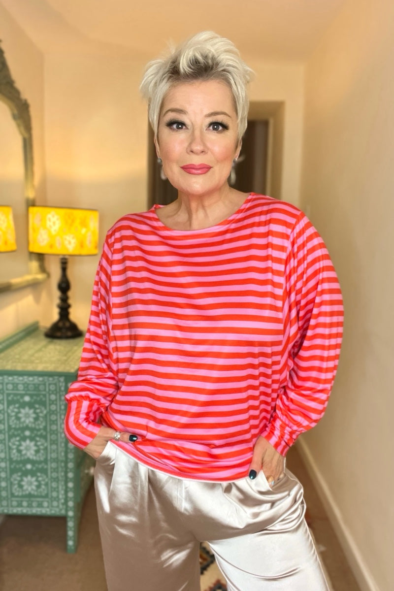 red and pink batwing stripe top