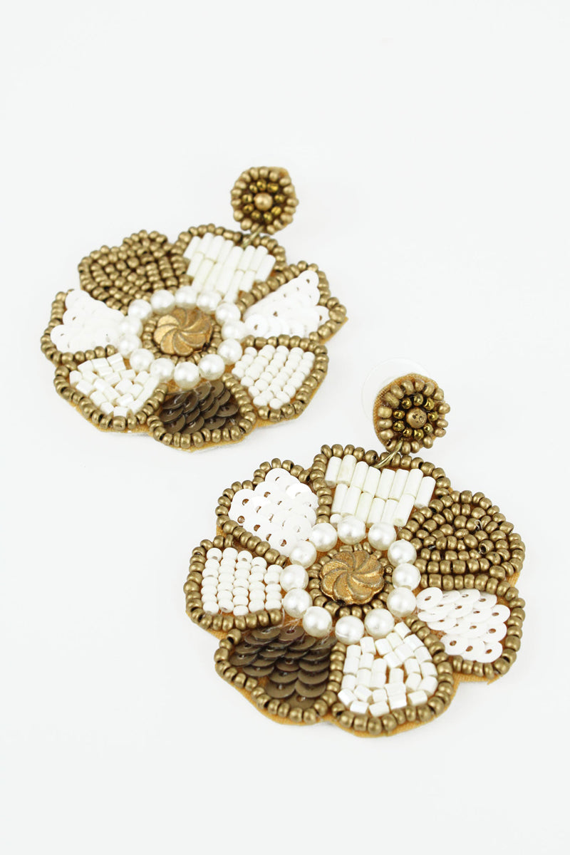 white and gold flower earrings