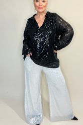 wide leg white sequin trousers